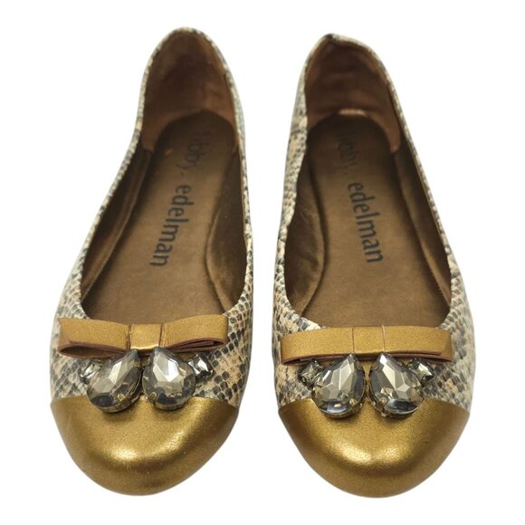 Libby Edelman Snakeskin Print Flats Women 8.5 M Golden Bronze Bow Toe Rhinestone - Picture 10 of 16
